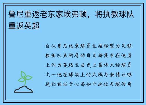 鲁尼重返老东家埃弗顿，将执教球队重返英超
